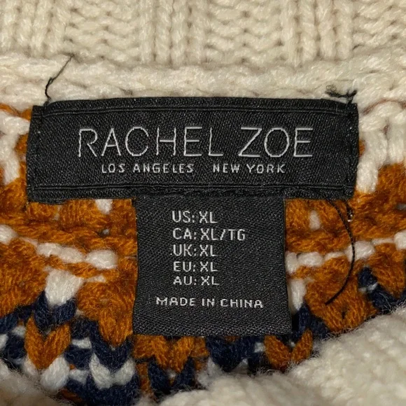 Rachel Zoe Ivory Turtleneck Sweater with Navy and Brown Pattern - Picture 2 of 7